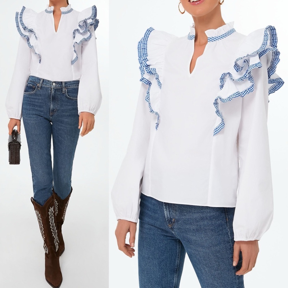 Tuckernuck Hyacinth House Blue Gingham Ruffle Holly Blouse Top Size XS White‎